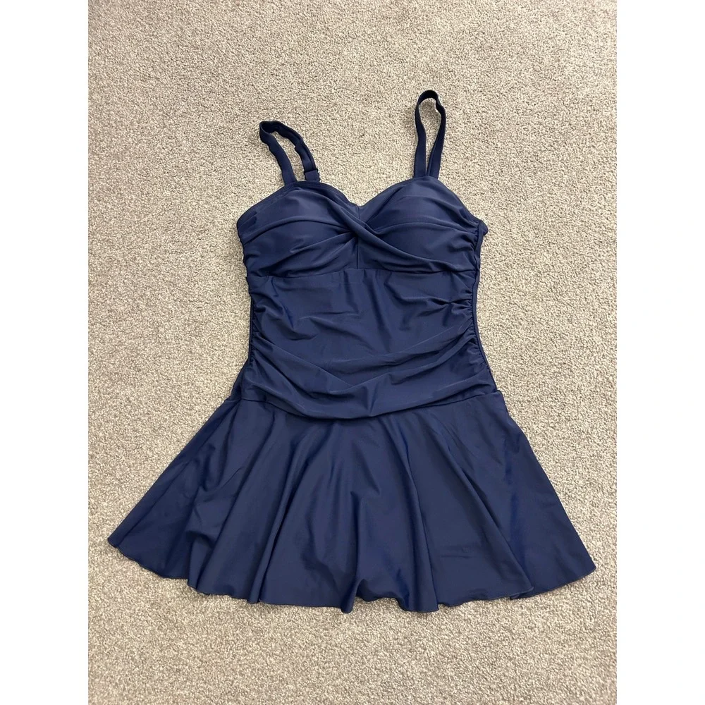 Shekini Swim Dress Womens Large Navy Blue Excellent Ruched Twist Front One Piece
